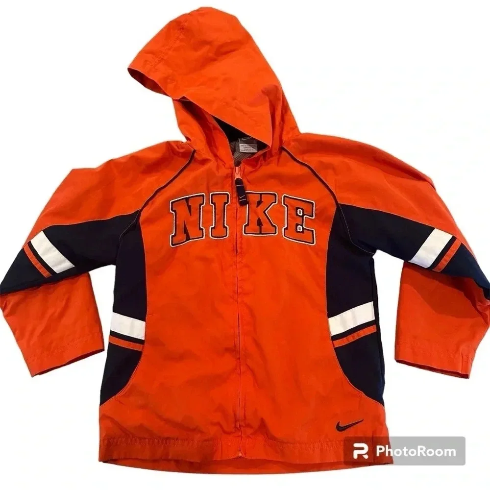 Nike Little Kid Jacket Zip Up Hooded Lightweight Orange Navy Blue Size 6